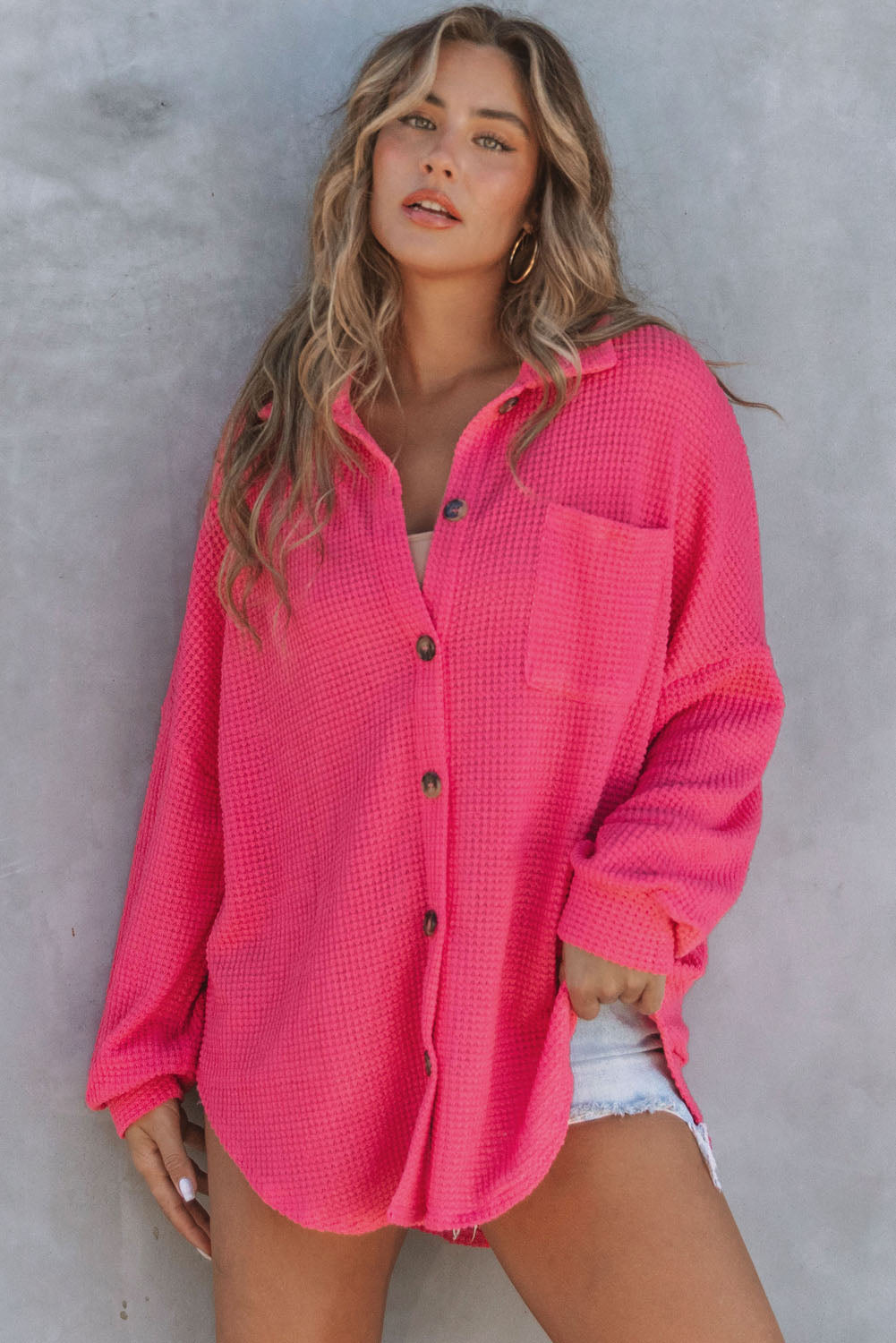 Hot Pink Pocket Buttons Front Waffle Knit Top