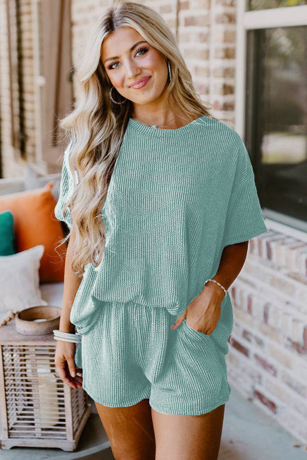 Orange Ribbed Textured Loose Fit Tee & Shorts Set