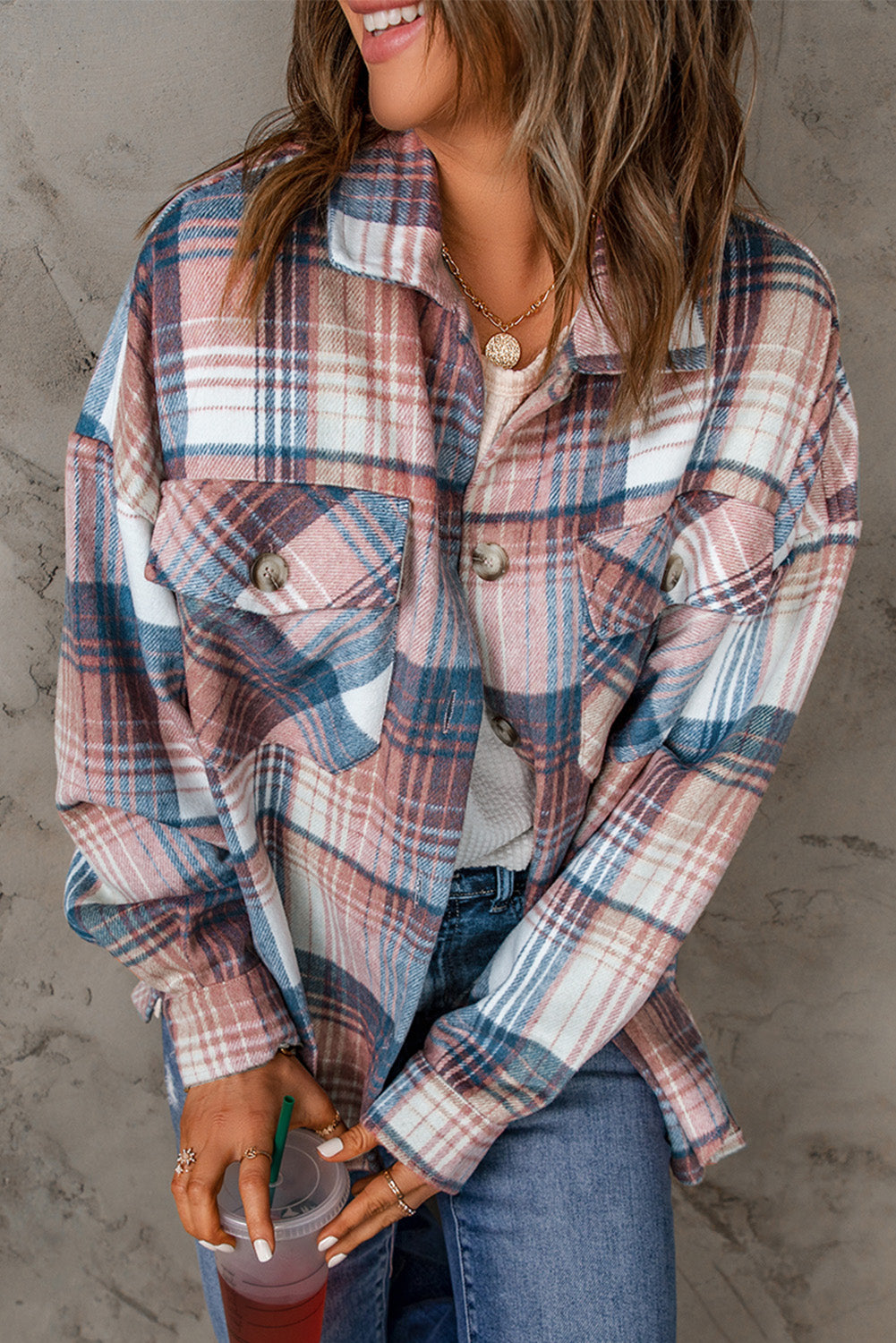 Pink & Grey Plaid Button Up Collared Flannel Shirt