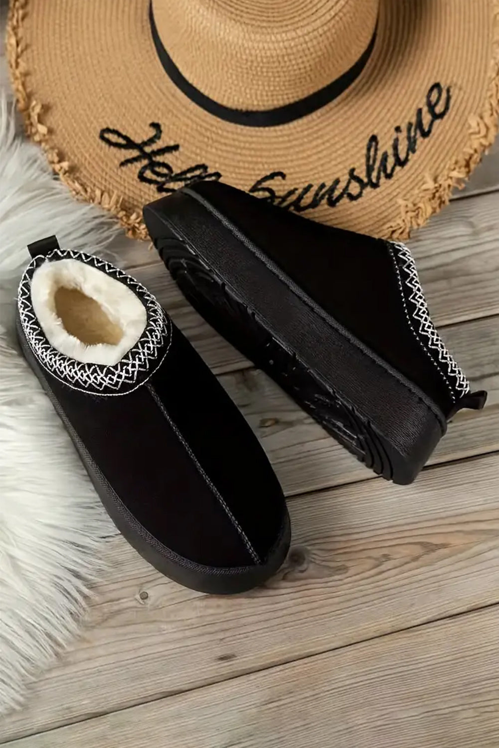 Black Suede Contrast Print Round Toe Plush Lined Flats