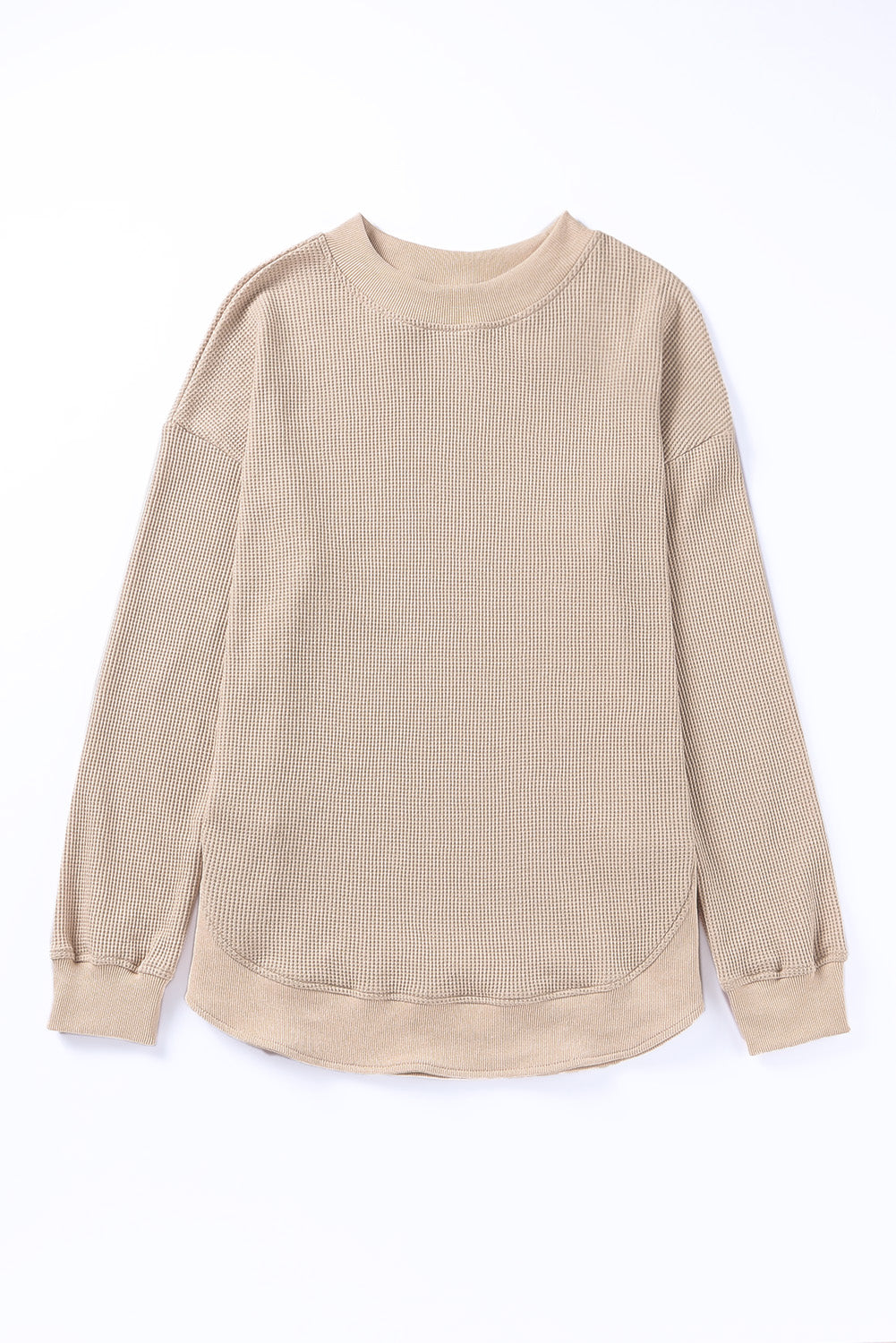 Apricot Crew Neck Ribbed Trim Waffle Knit Long Sleeve Top