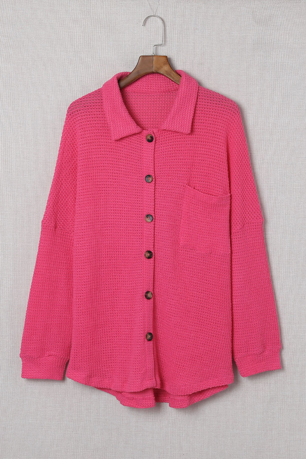 Hot Pink Pocket Buttons Front Waffle Knit Top