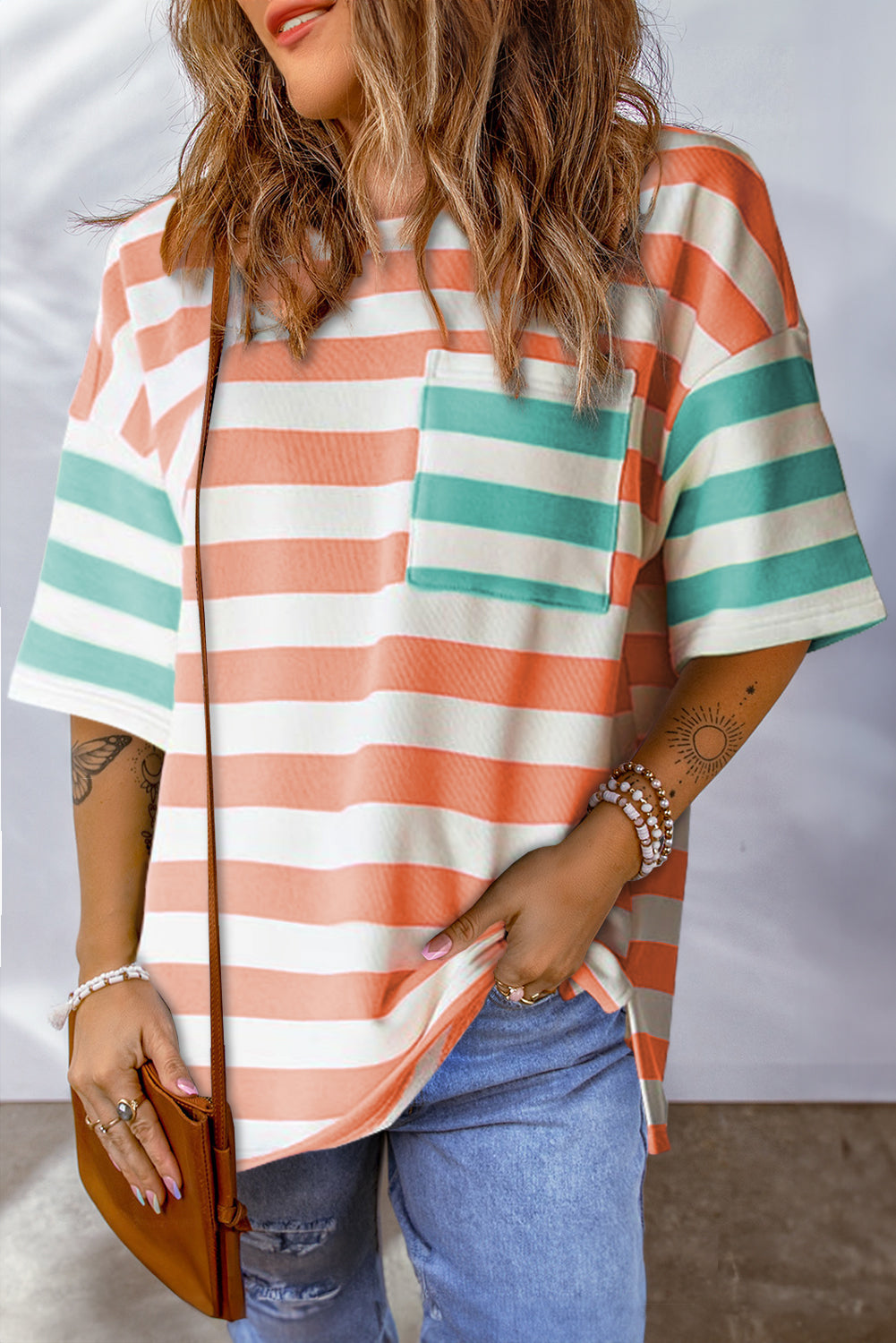 Blue Stripe Patch Pocket Drop Sleeve Slits T Shirt