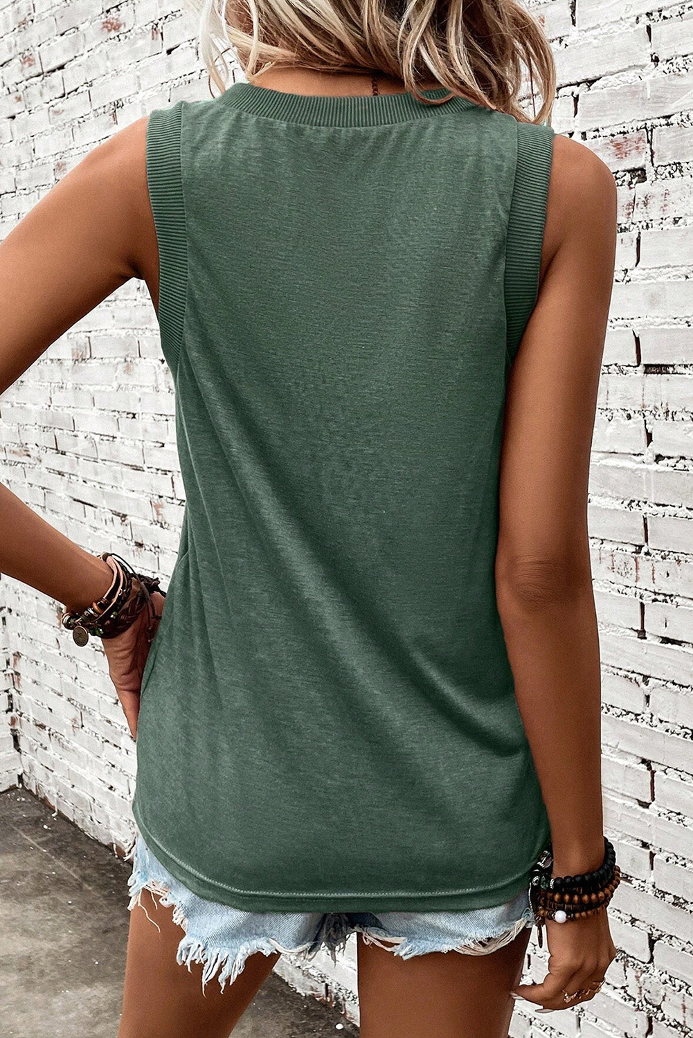 Mist Green Contrast Trim V-Neck Loose Fit Tank Top