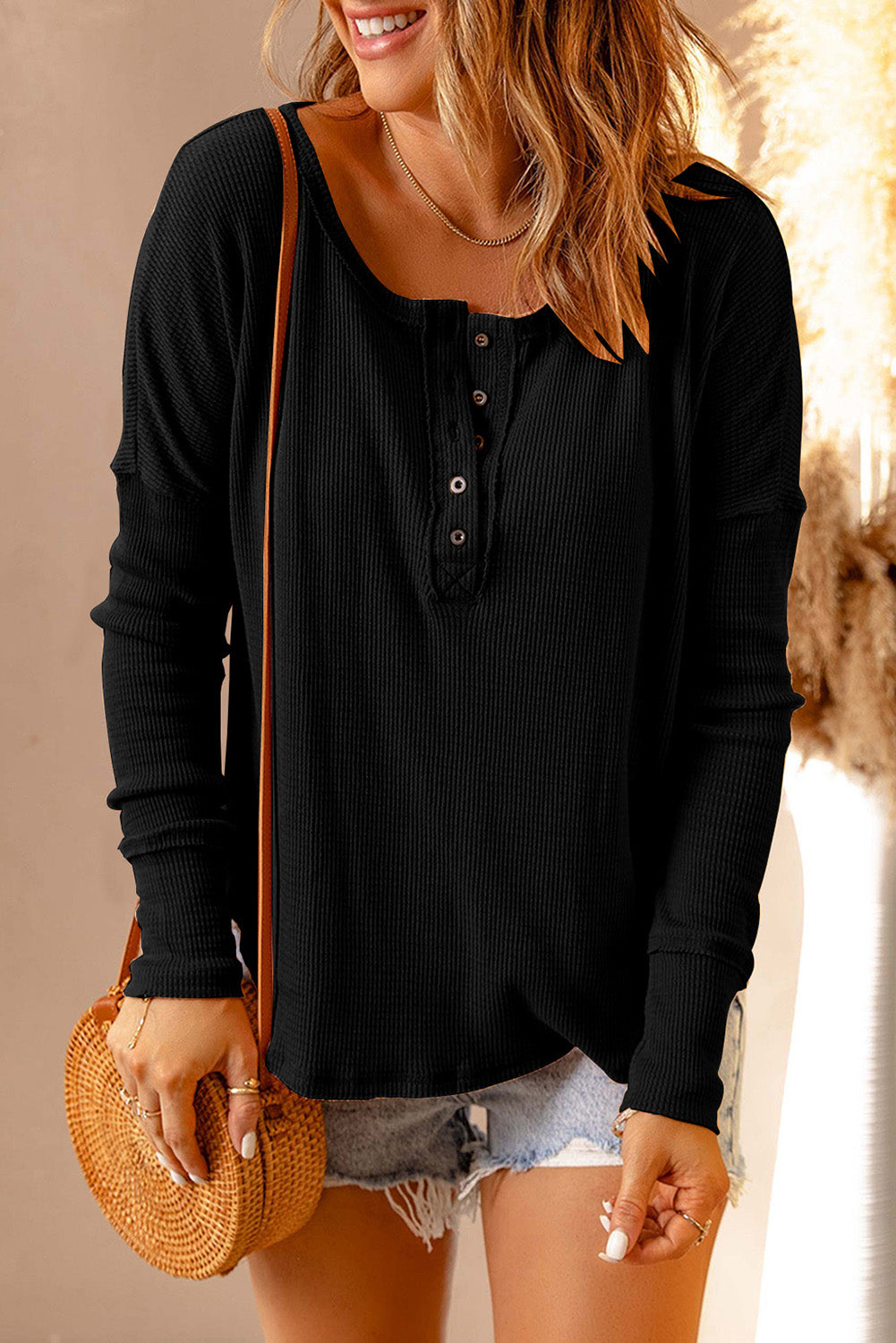 Casual Waffle Button Front Knit Henley Top