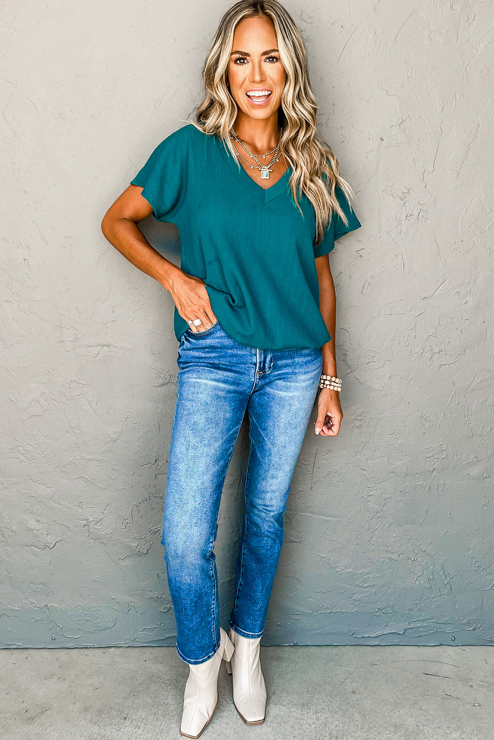 Blue Plain Crinkled V Neck Flounce Sleeve T Shirt