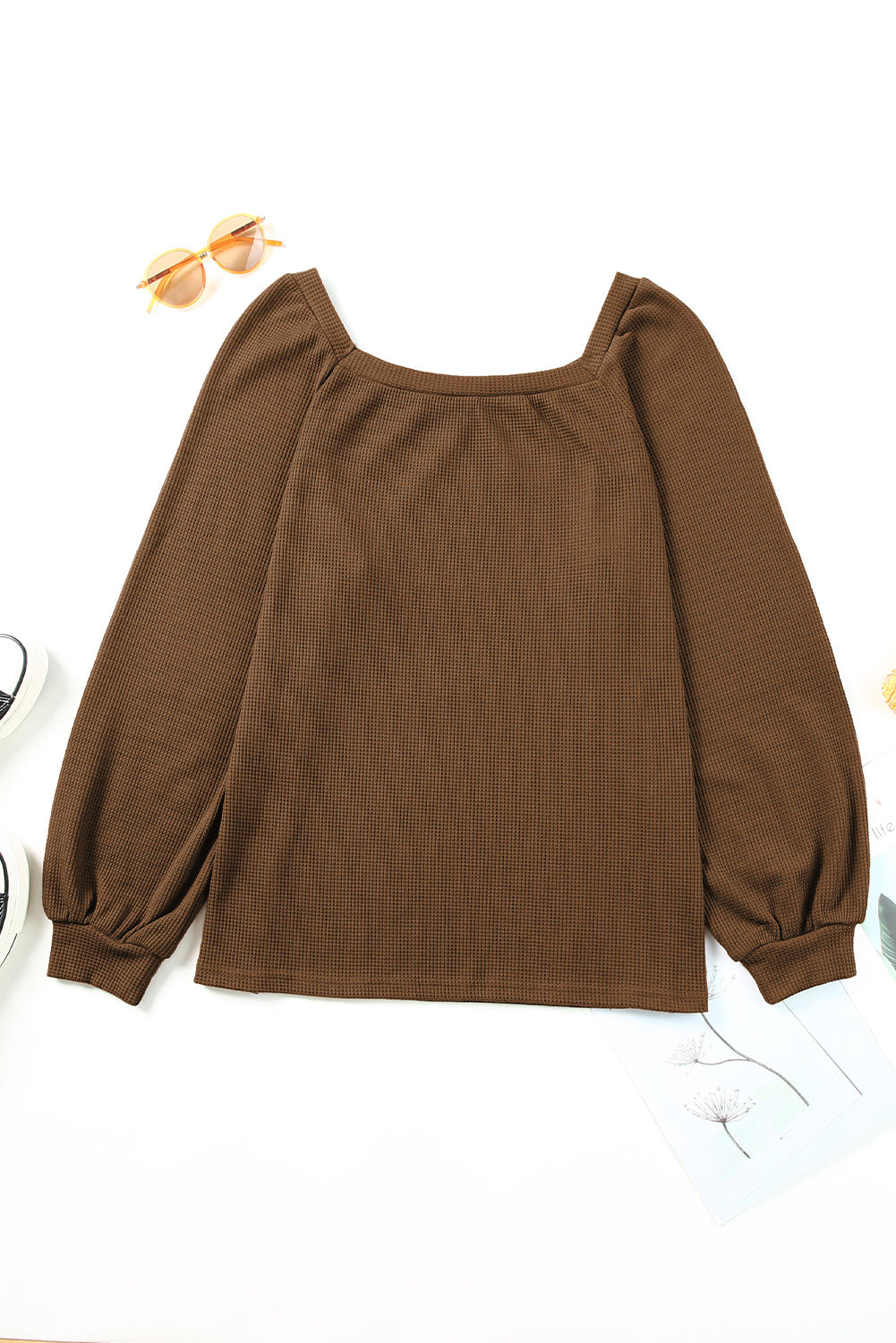 Waffle Texture Casual Square Neck Pullover Top