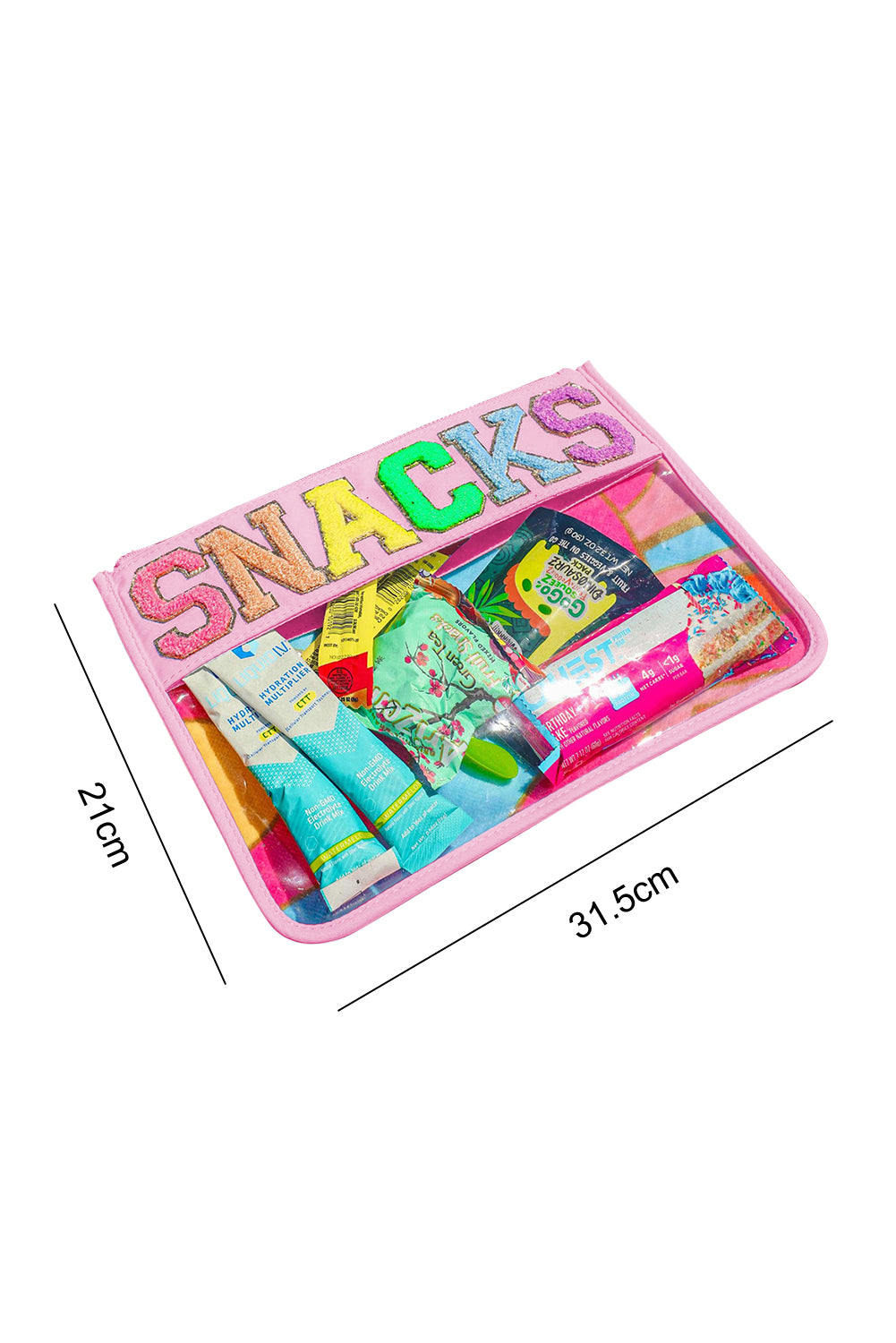 White SNACKS Chenille Letters Zipped Clear Pouch