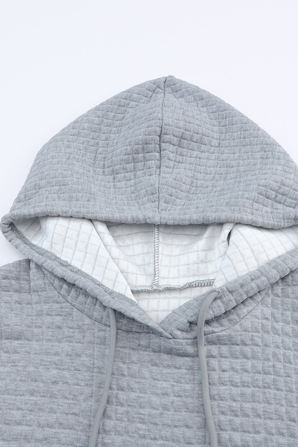 White Lattice Textured Kangaroo Pocket Drawstring Hoodie