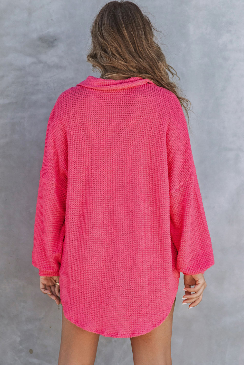 Hot Pink Pocket Buttons Front Waffle Knit Top