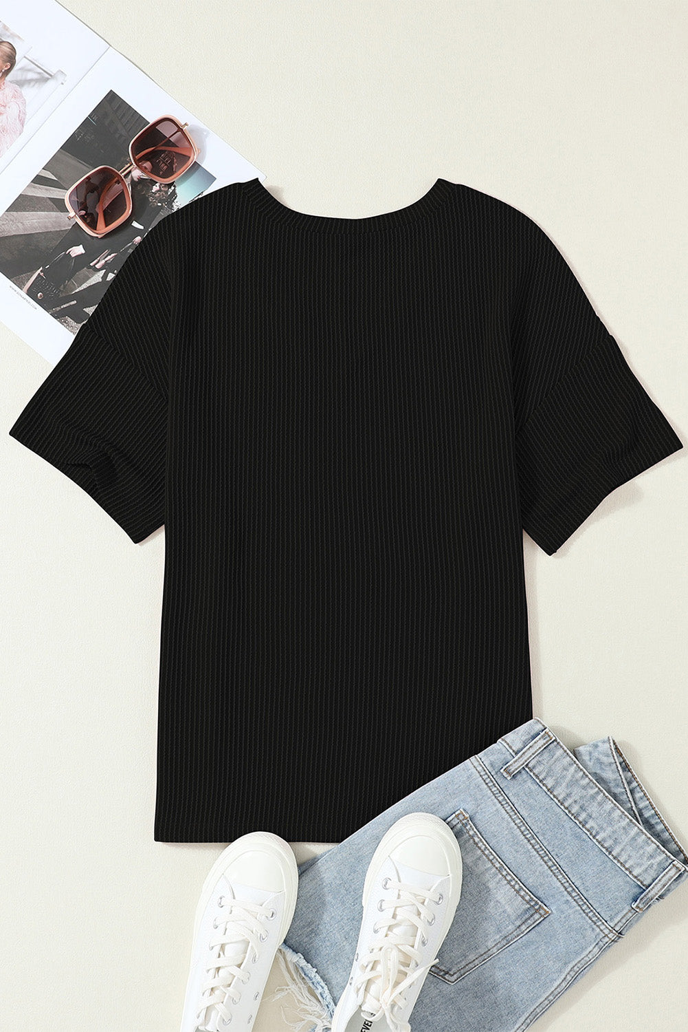 Valerian Ribbed V Neck Pocket Drop Sleeve T-Shirt