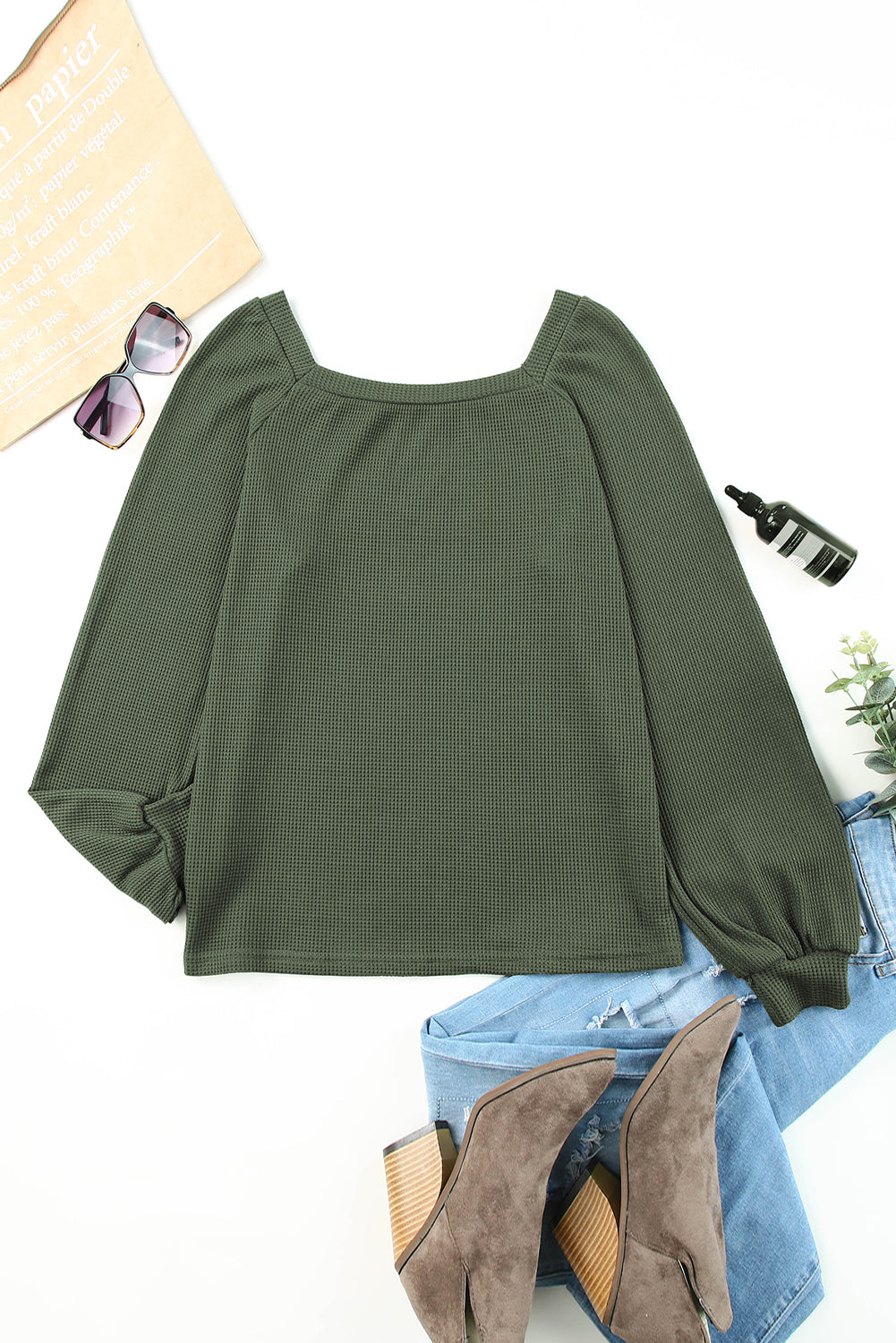 Waffle Texture Casual Square Neck Pullover Top