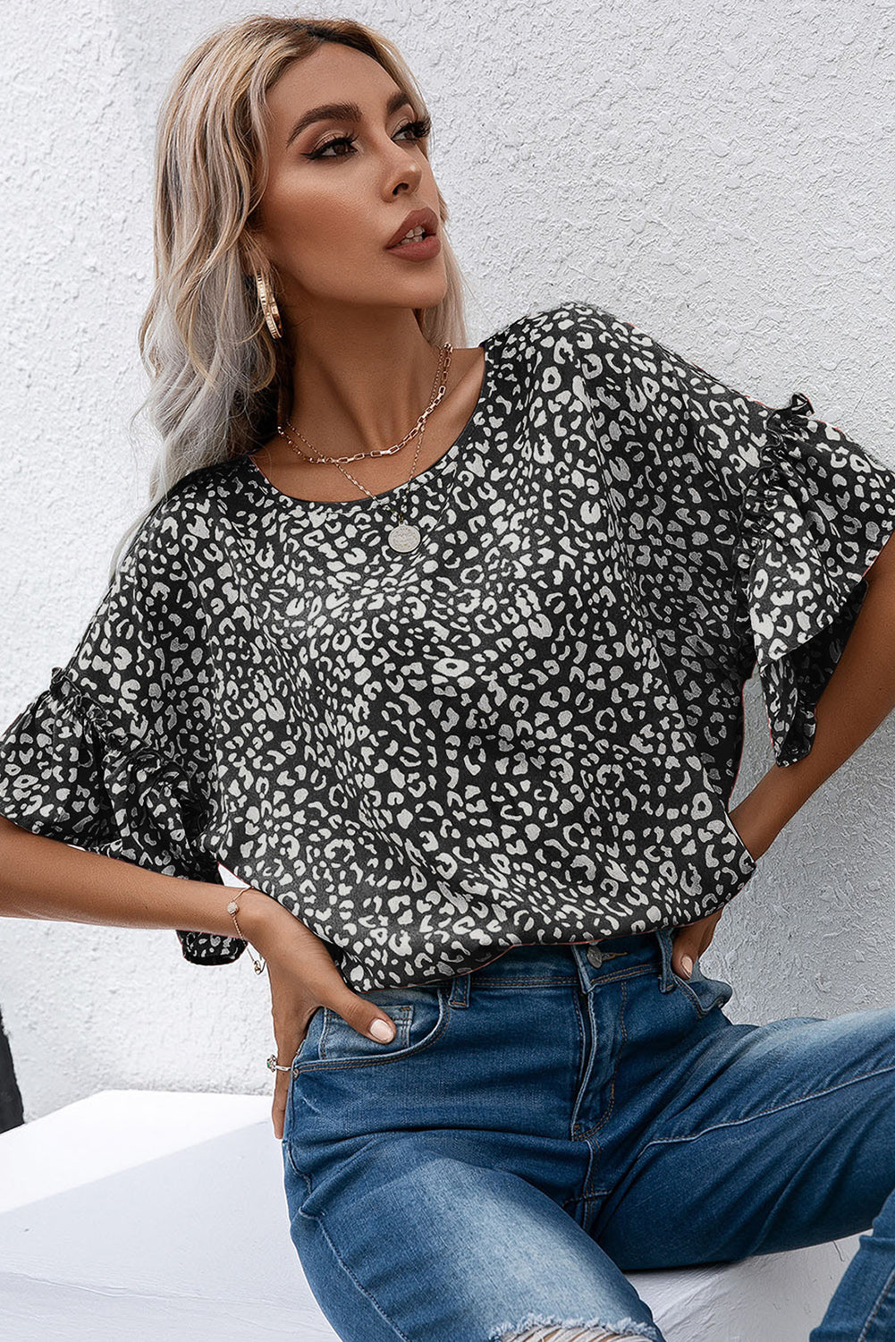 Leopard Print Casual Flounce Sleeve Blouse for Women