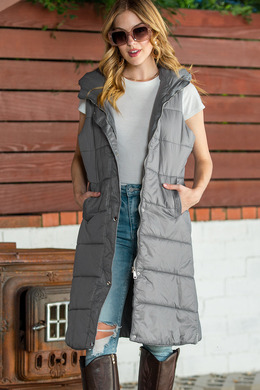 Black Hooded Pocketed Quilted Long Vest Coat