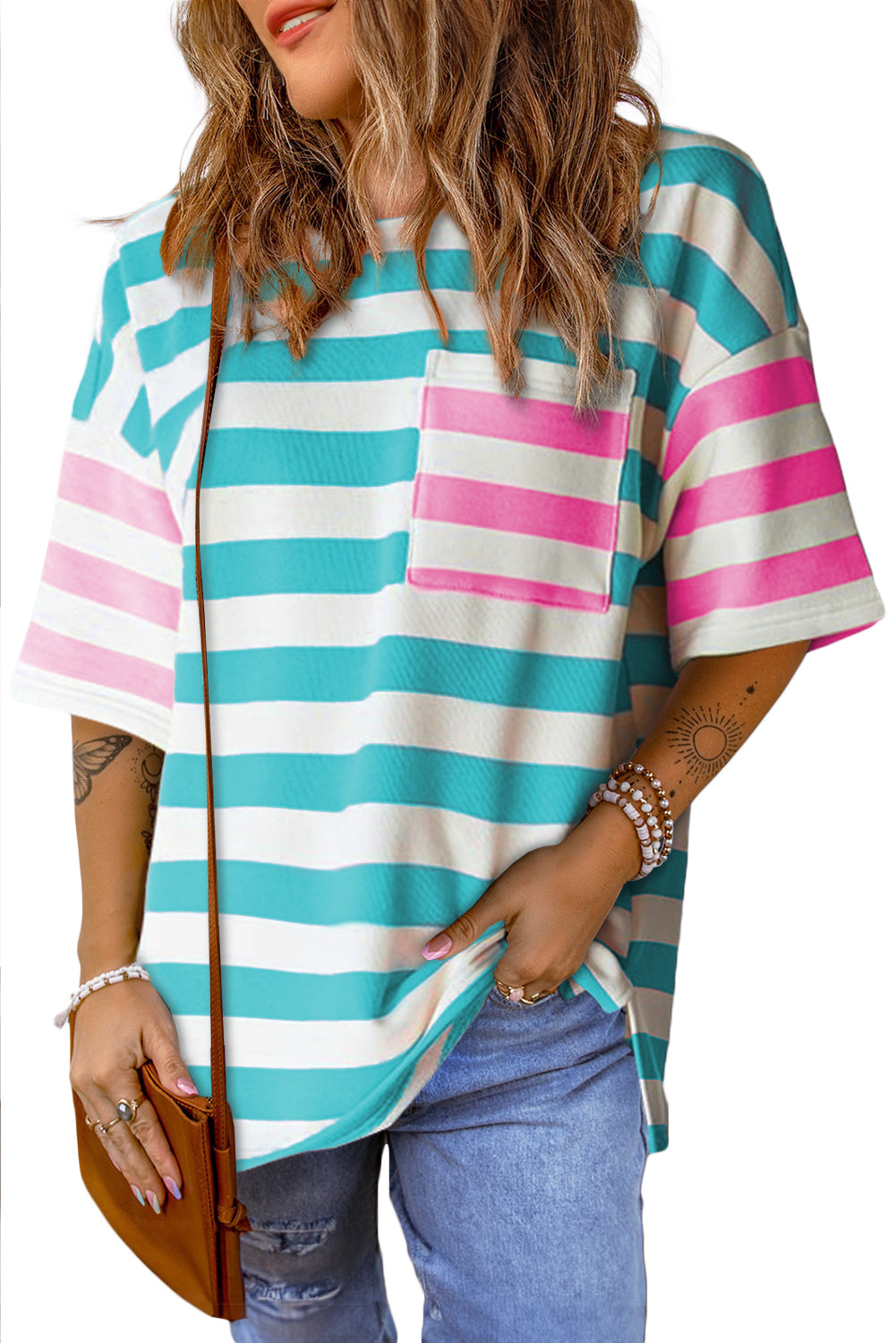 Blue Stripe Patch Pocket Drop Sleeve Slits T Shirt