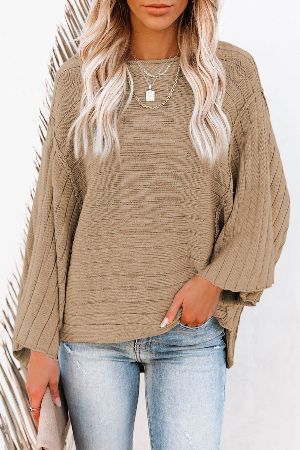 Green Ribbed Knit Bracelet Sleeve Dolman Sweater