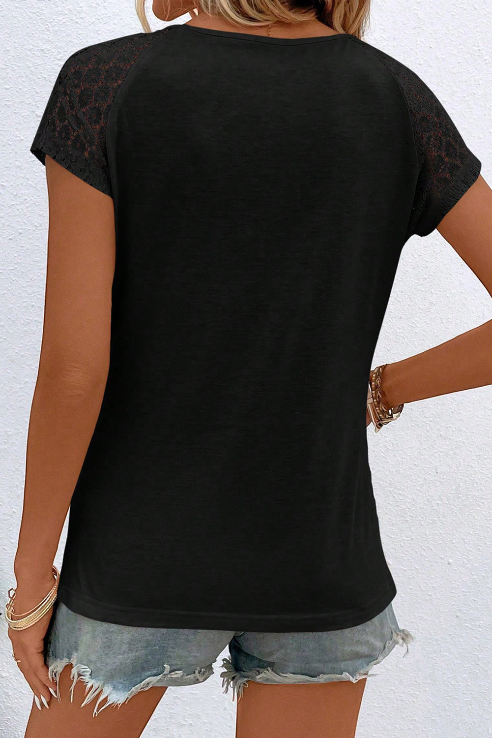 Black Lace Sleeve Keyhole Smocked Detail Shirt