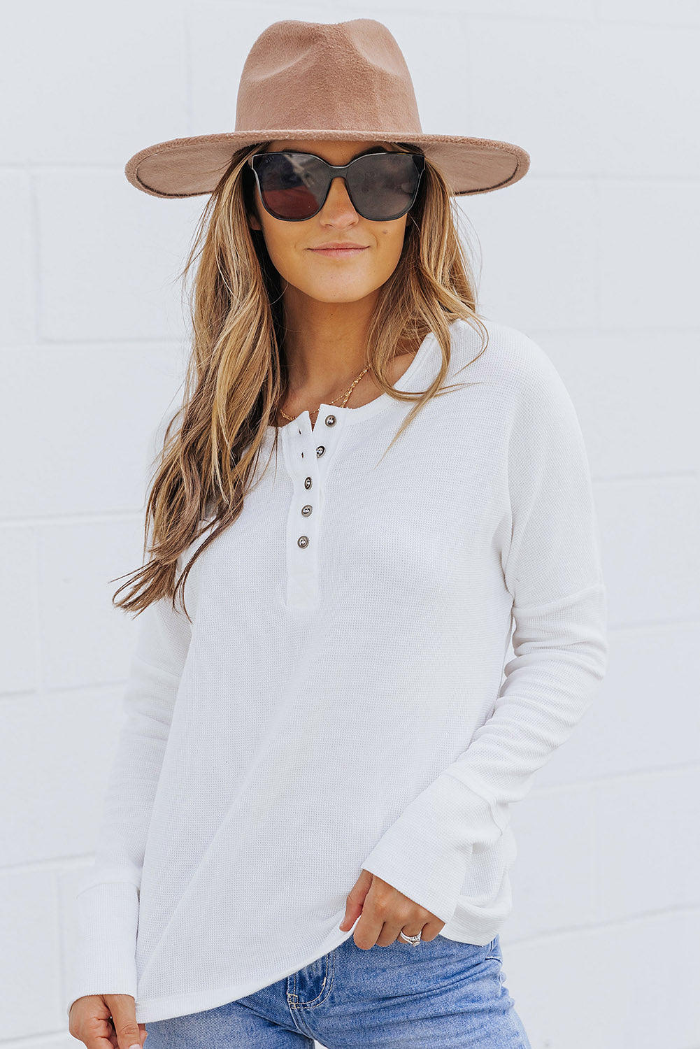 Casual Waffle Button Front Knit Henley Top