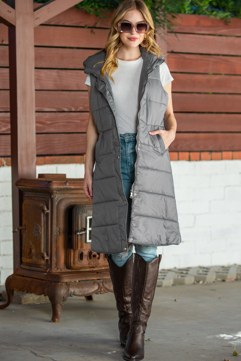 Black Hooded Pocketed Quilted Long Vest Coat