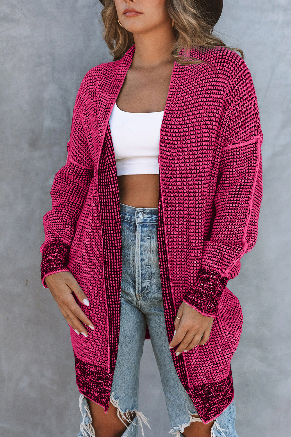 Pink Plaid Contrast Trim Casual Knit Long Cardigan