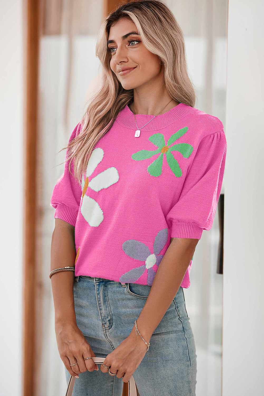 Bright Pink Floral Print Bubble Short Sleeve Knitted Top