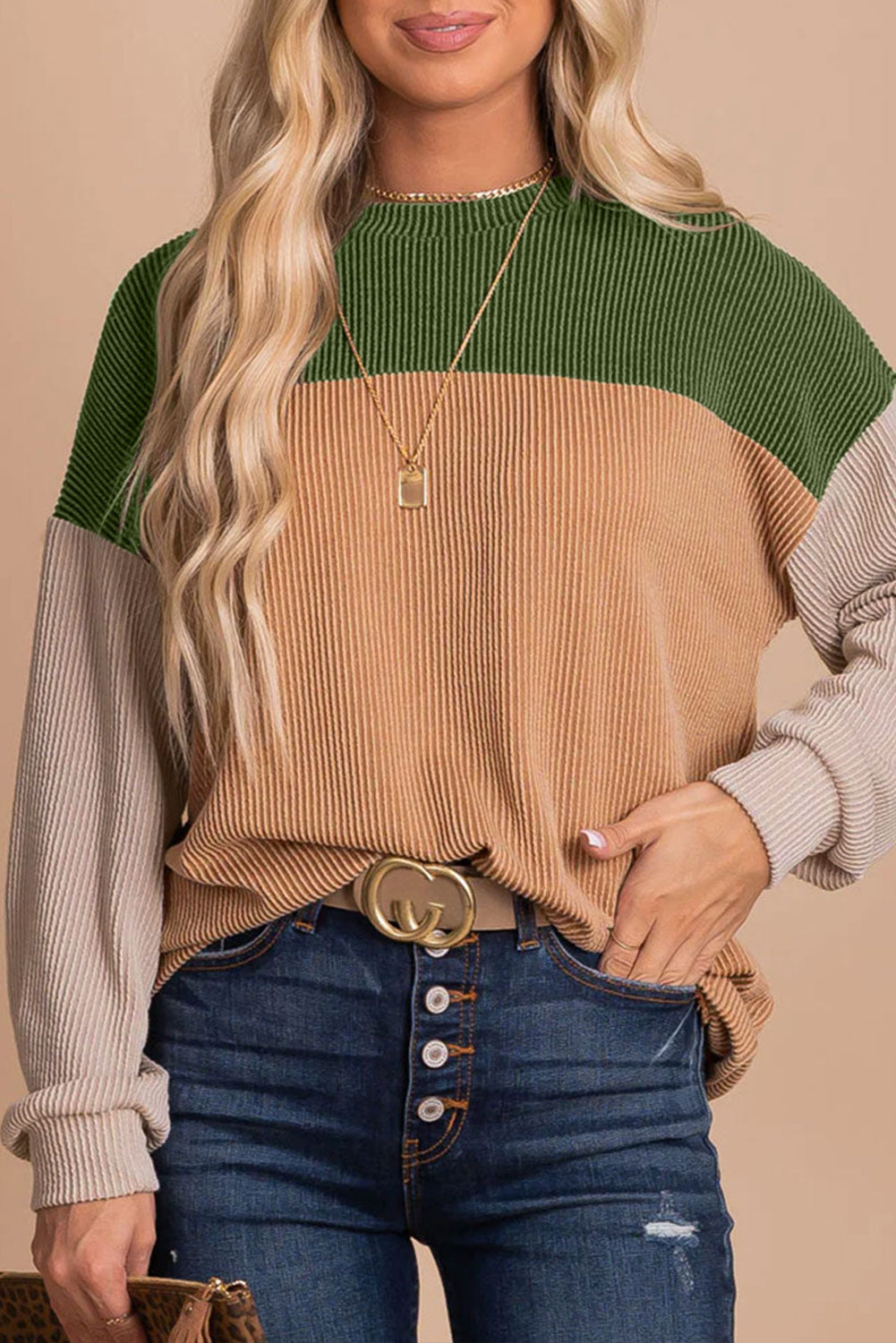 Black Color Block Corduroy Long Sleeve Top