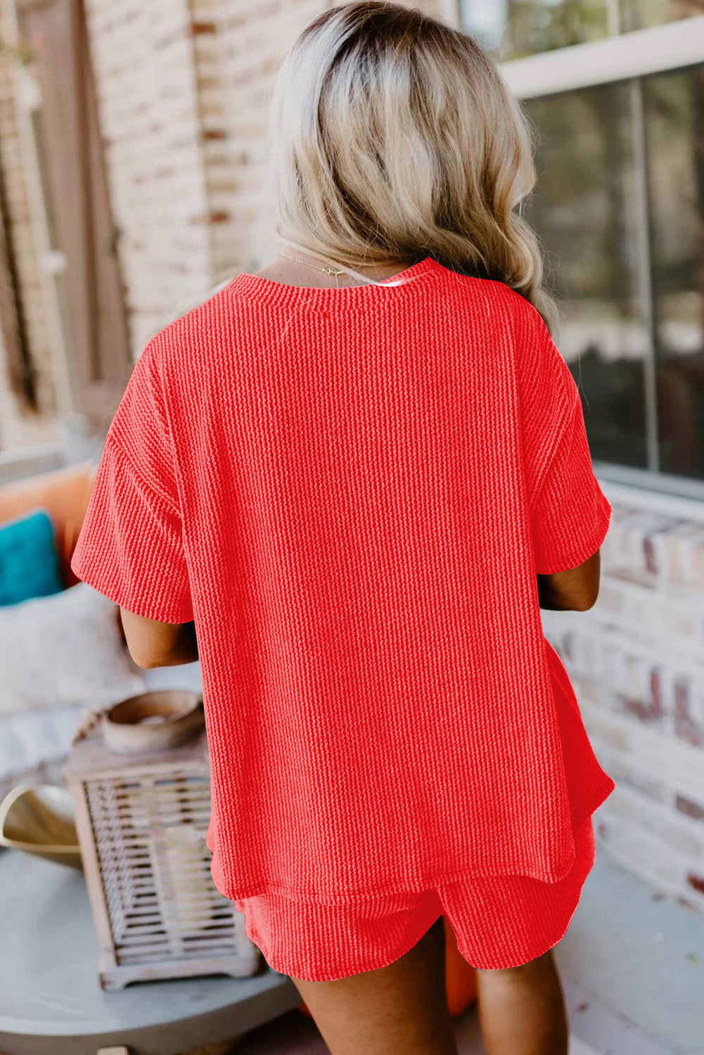 Orange Ribbed Textured Loose Fit Tee & Shorts Set