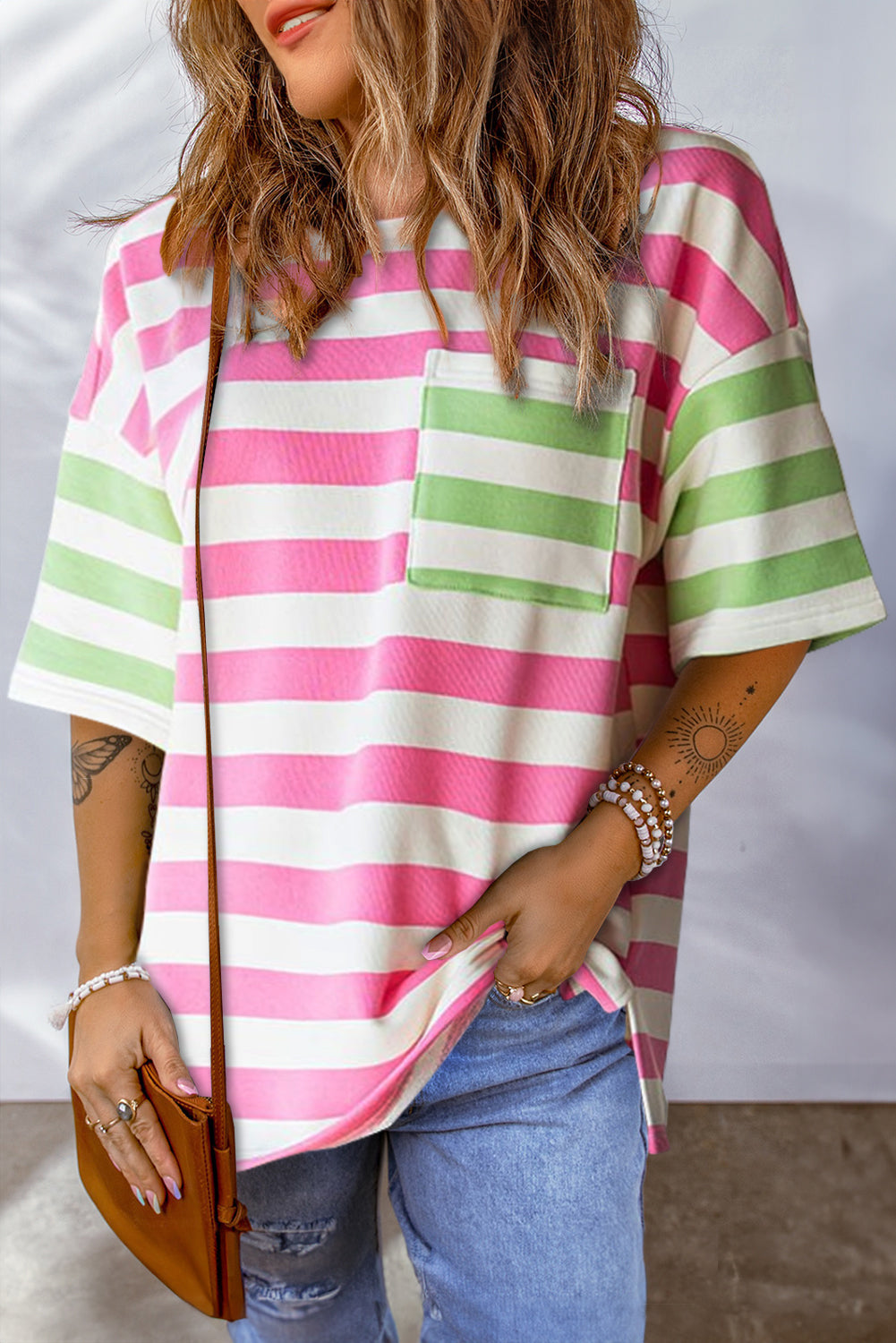 Blue Stripe Patch Pocket Drop Sleeve Slits T Shirt