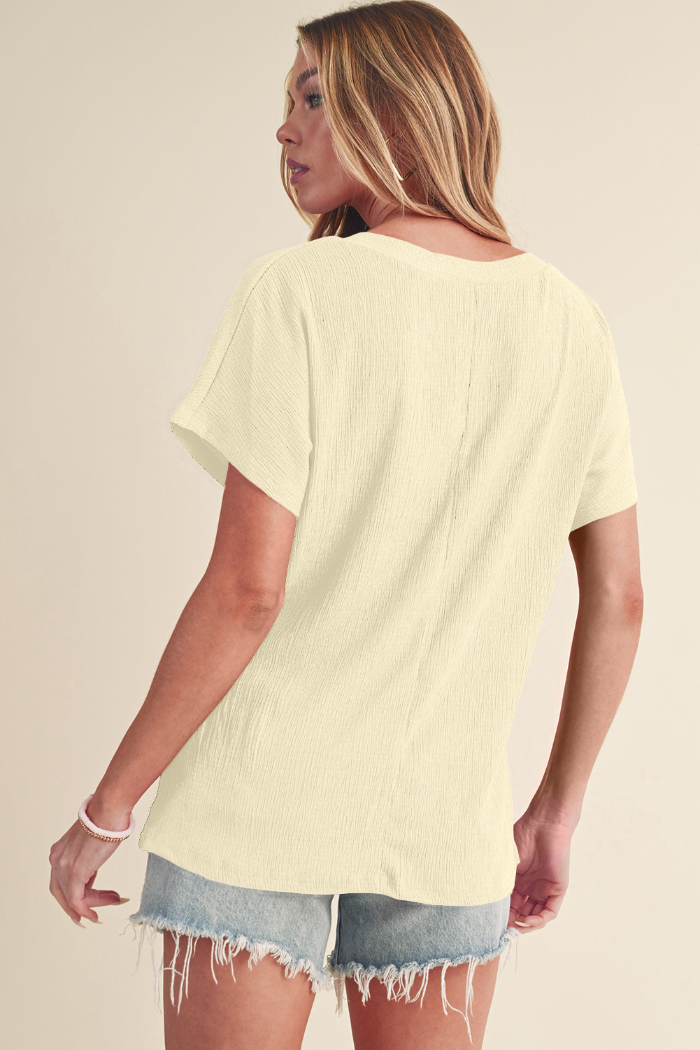 Blue Plain Crinkled V Neck Flounce Sleeve T Shirt