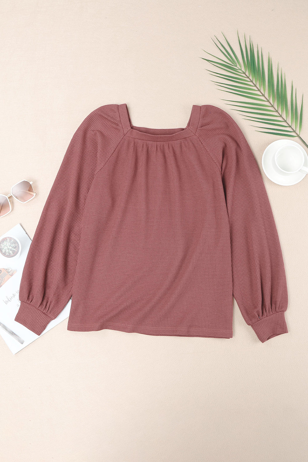 Waffle Texture Casual Square Neck Pullover Top