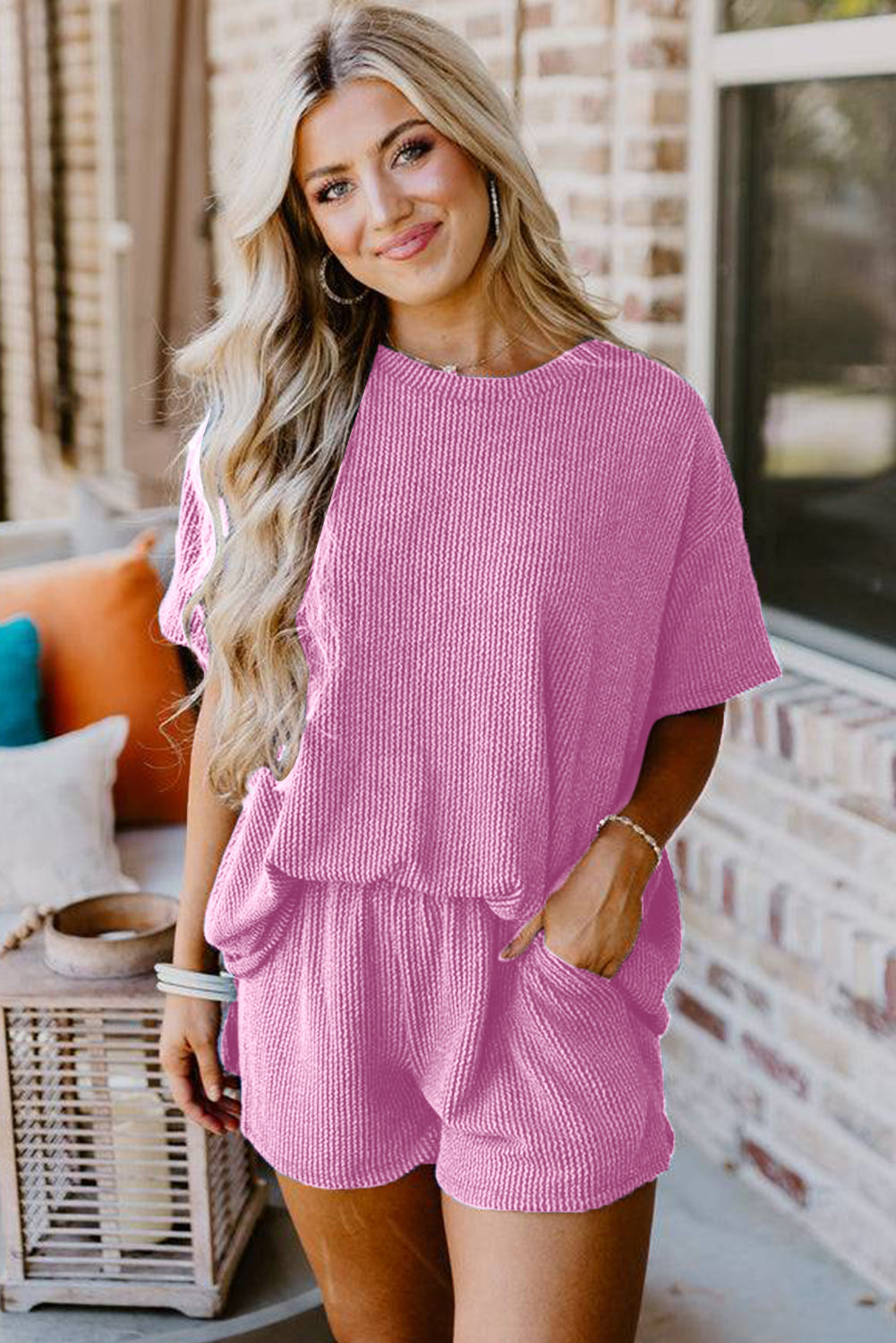 Orange Ribbed Textured Loose Fit Tee & Shorts Set