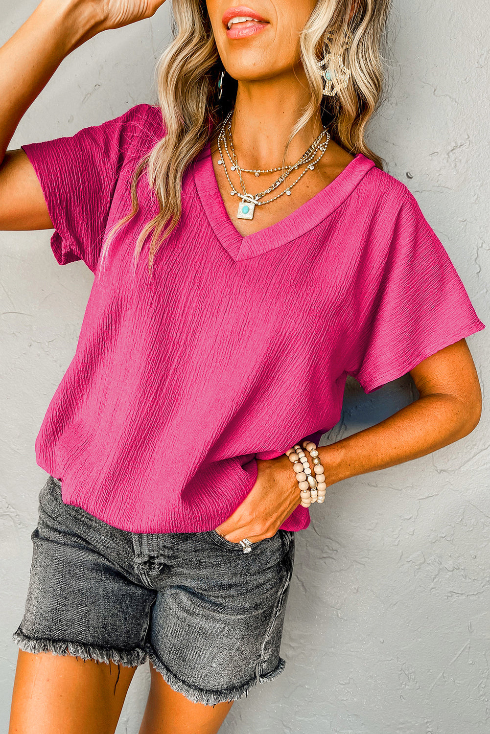 Blue Plain Crinkled V Neck Flounce Sleeve T Shirt