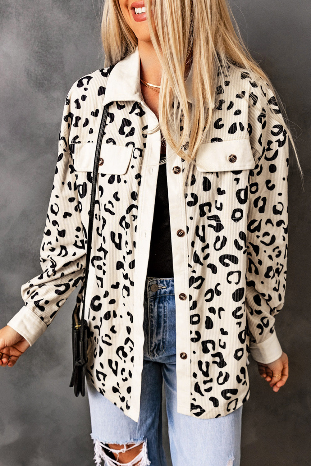 Leopard Collared Neckline Flap Pockets Corduroy Jacket