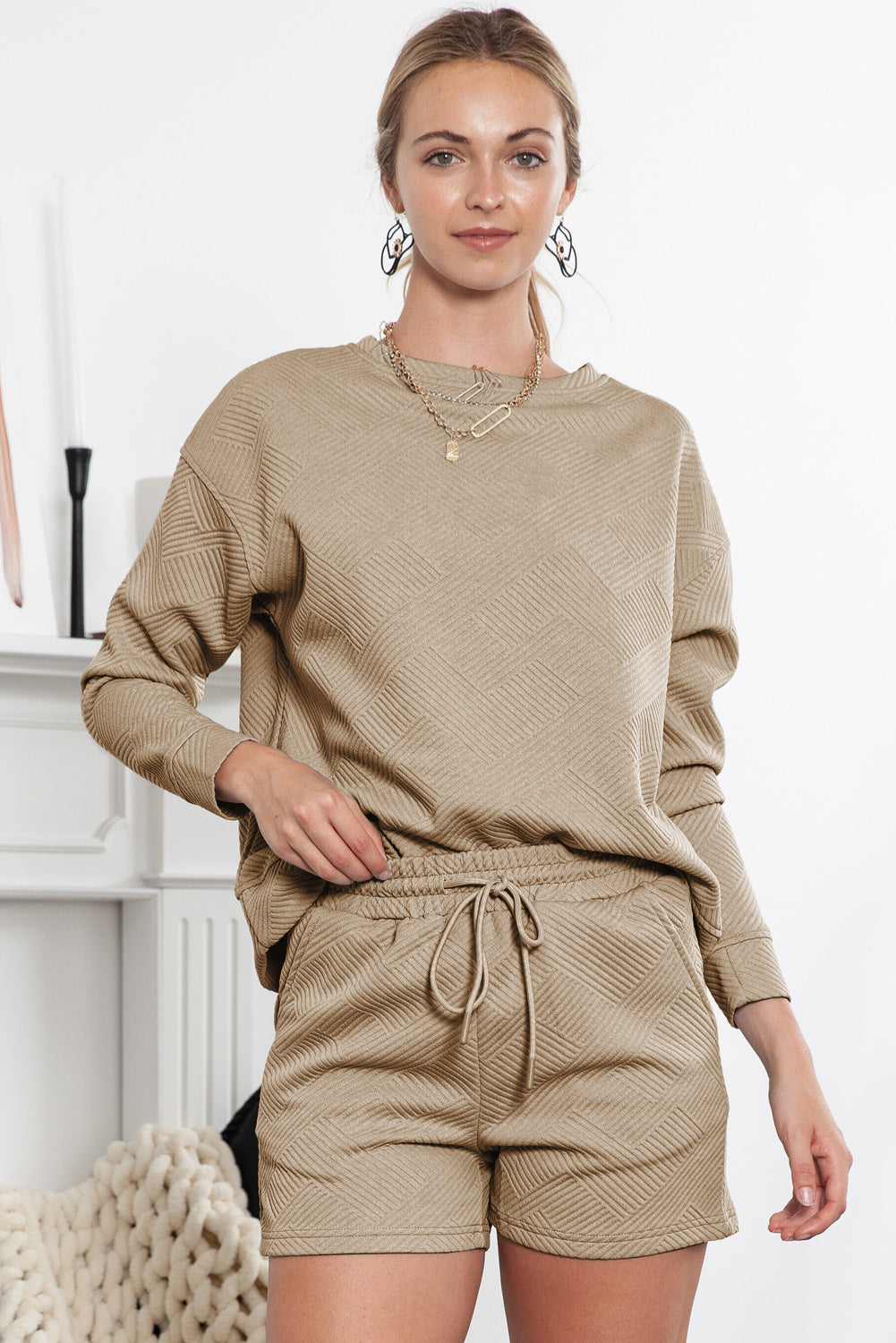 Apricot khaki Textured Long Sleeve Top & Drawstring Shorts Set