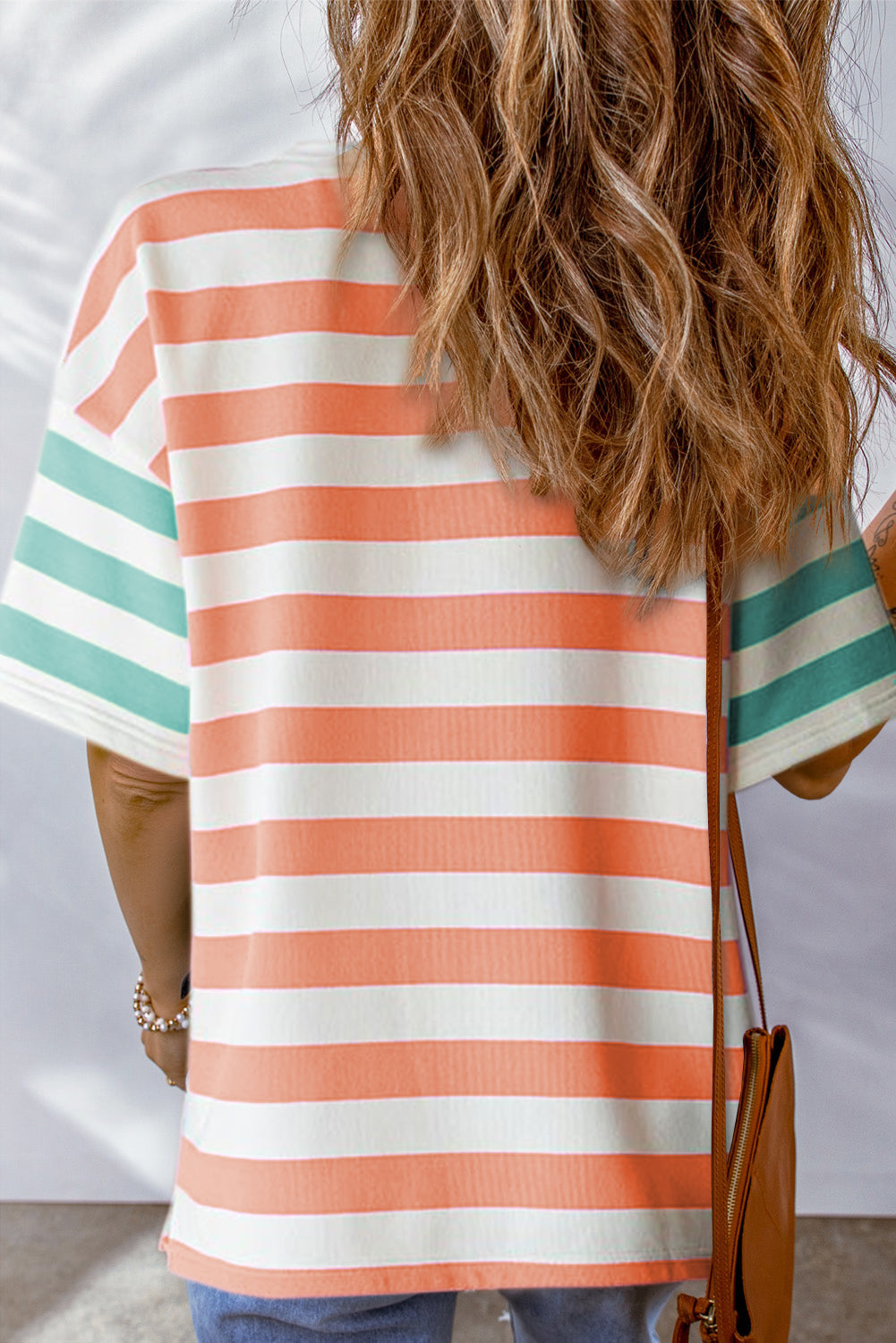 Blue Stripe Patch Pocket Drop Sleeve Slits T Shirt