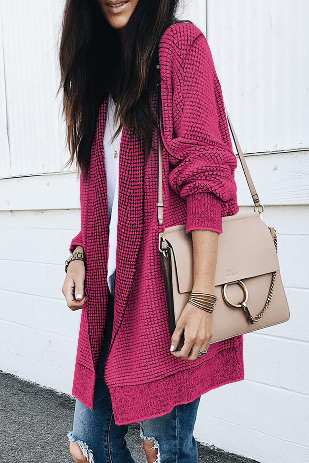 Pink Plaid Contrast Trim Casual Knit Long Cardigan