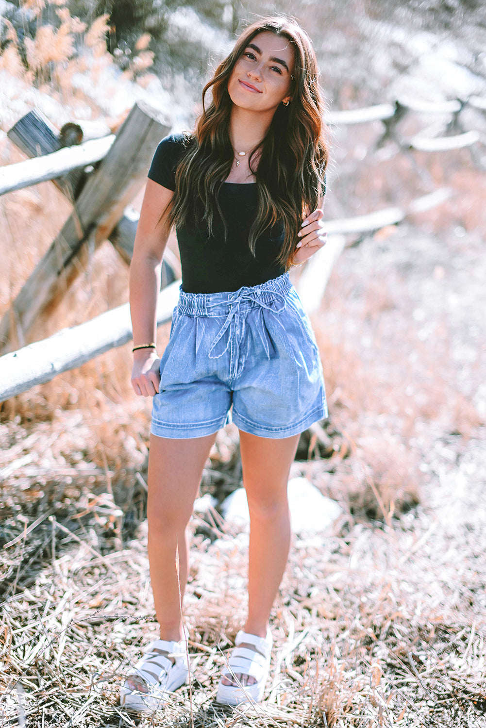 Beau Blue Casual Chambray Drawstring Denim Shorts