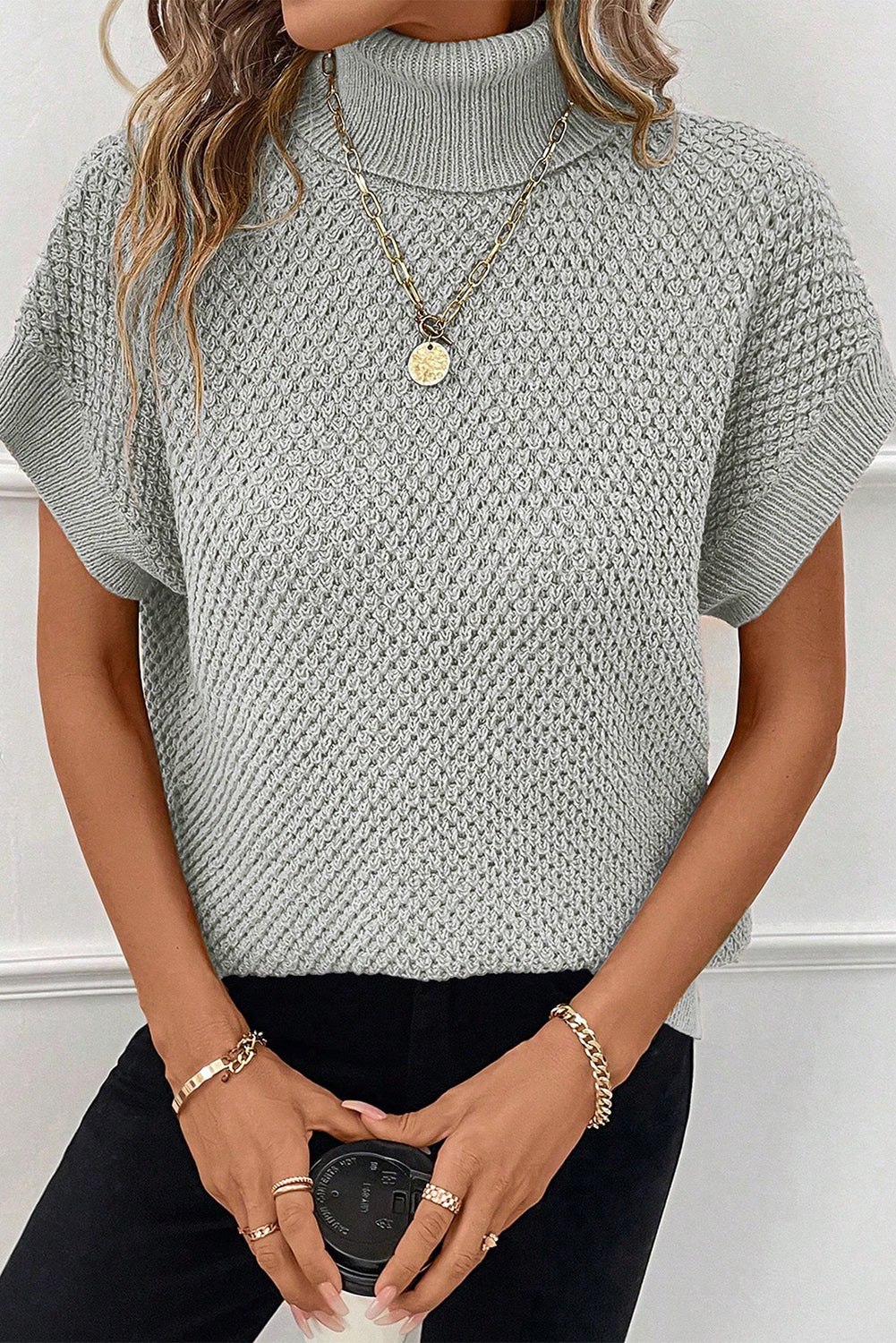 Light Grey Turtleneck Knitted Texture Short Sleeve Sweater