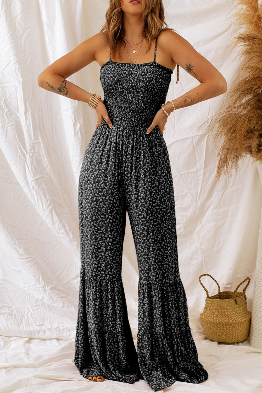 Khaki Floral Thin Straps Smocked Bodice Wide Leg Jumpsuit