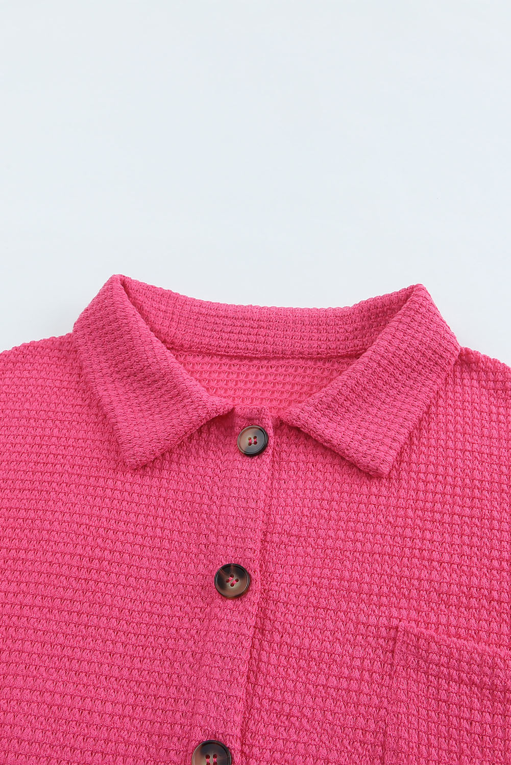 Hot Pink Pocket Buttons Front Waffle Knit Top