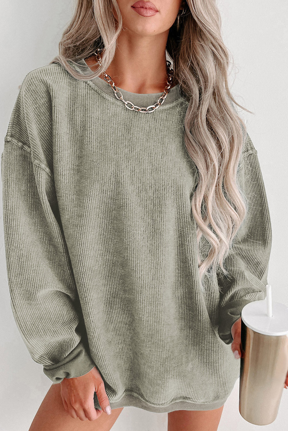 Pink Solid Ribbed Round Neck Pullover Sweatshirt