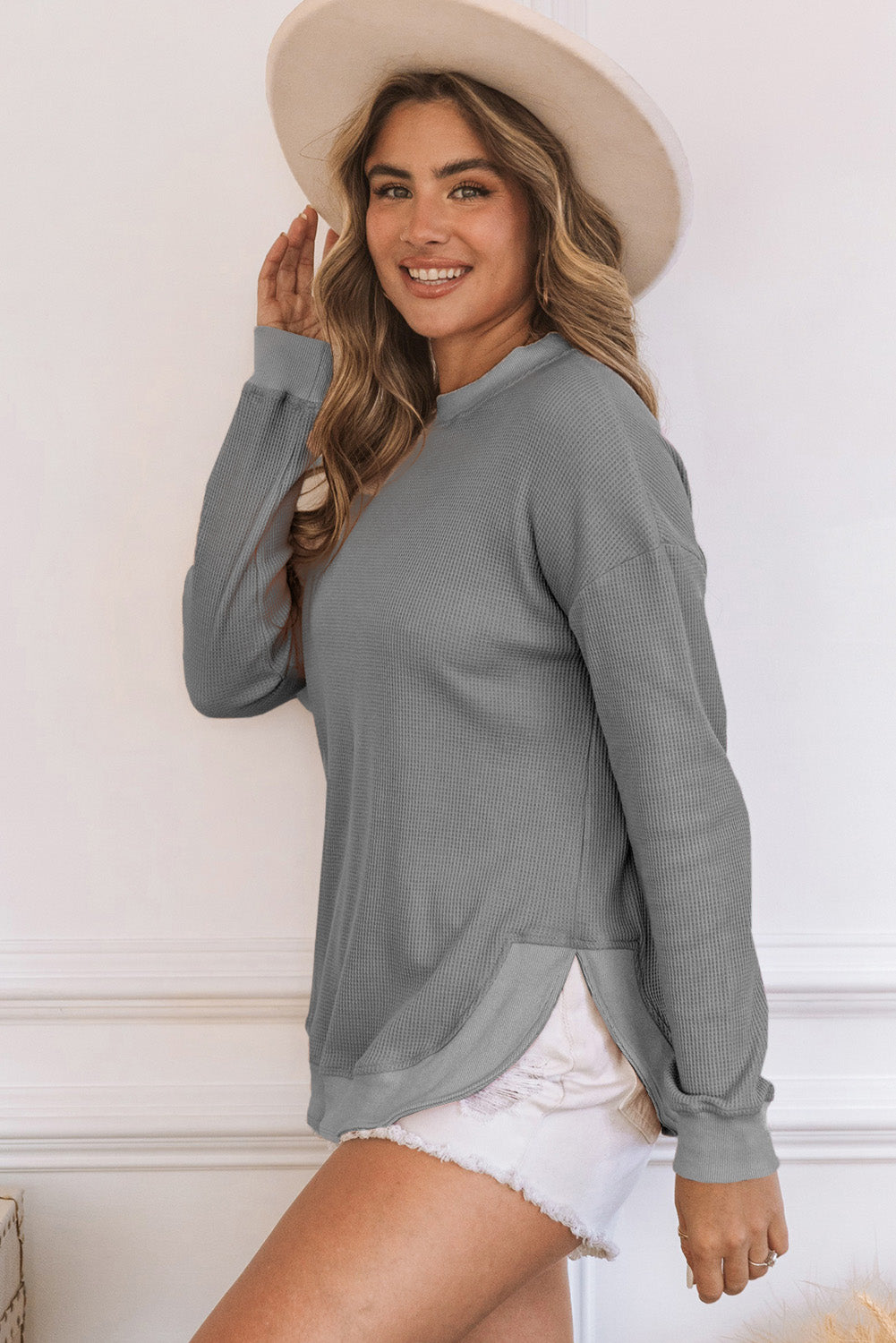 Apricot Crew Neck Ribbed Trim Waffle Knit Long Sleeve Top