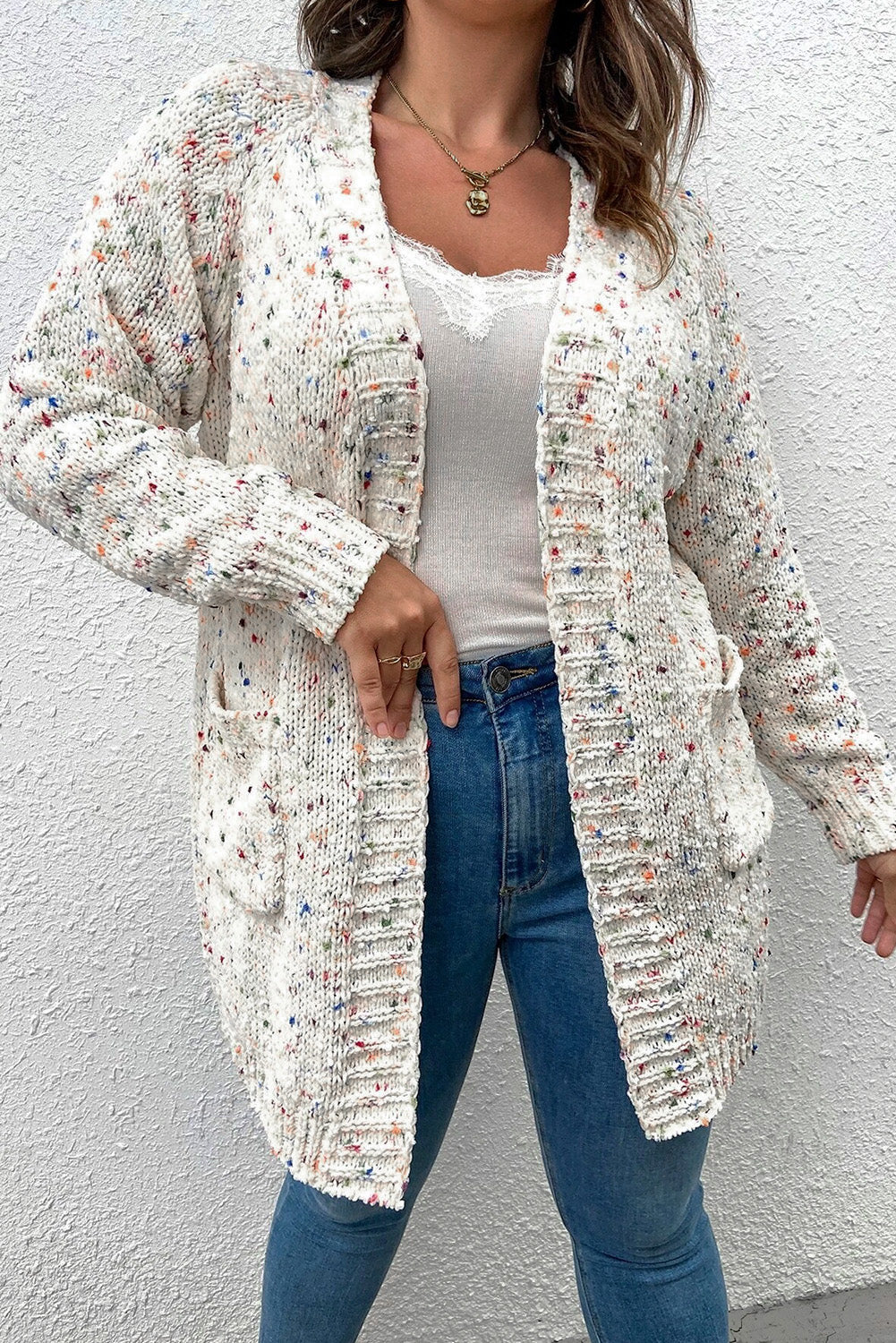 White Pocketed Open Front Long Cardigan