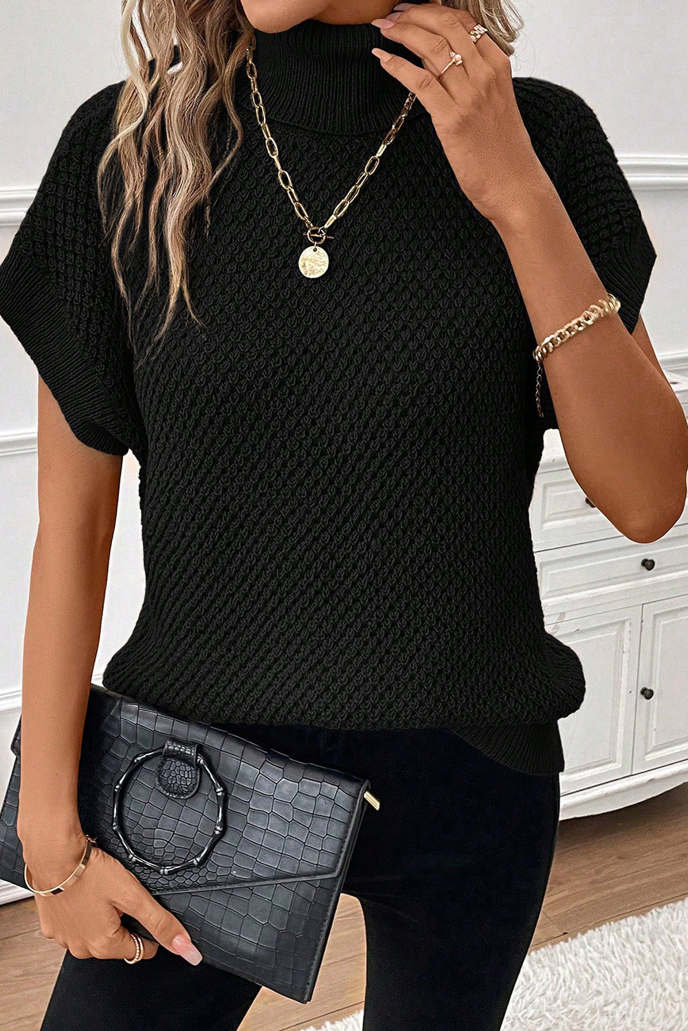 Light Grey Turtleneck Knitted Texture Short Sleeve Sweater