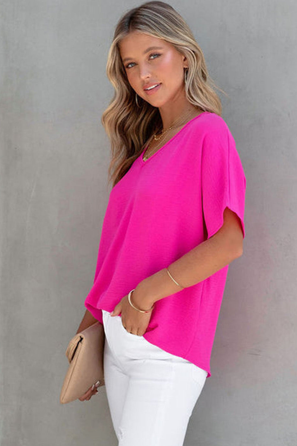 Solid Color V Neck Short Sleeve Blouse