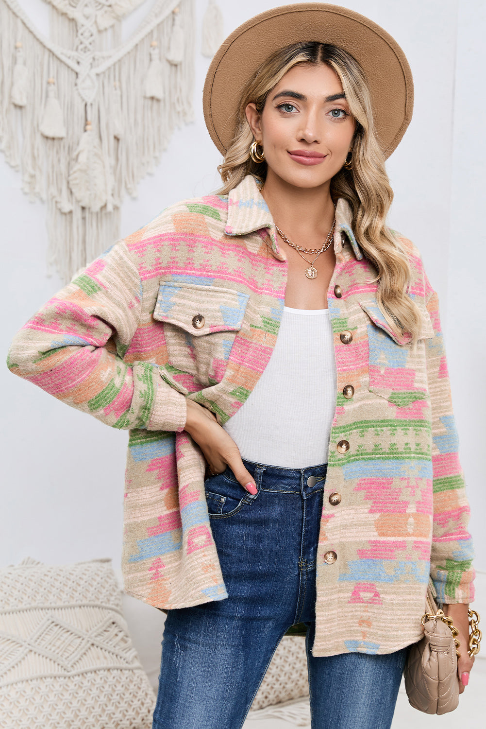 Multicolor Button Up Flap Pockets Aztec Jacket for Women