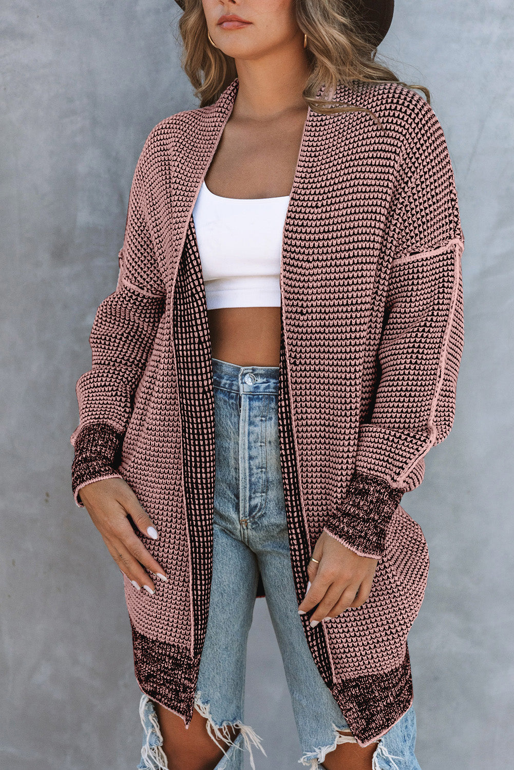 Pink Plaid Contrast Trim Casual Knit Long Cardigan