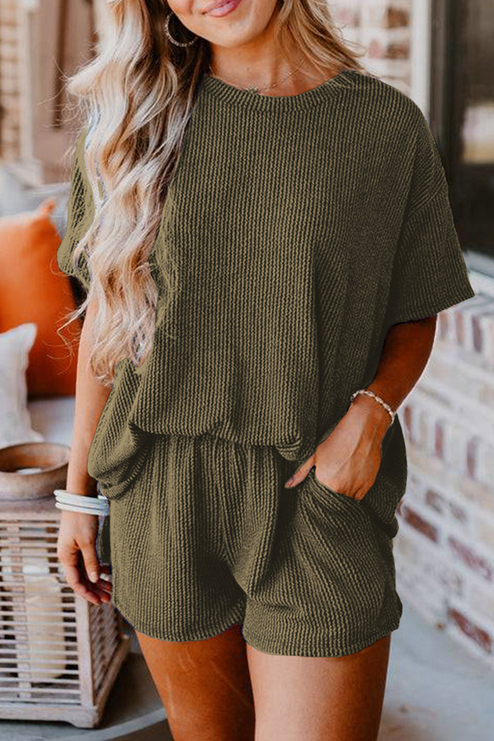 Orange Ribbed Textured Loose Fit Tee & Shorts Set