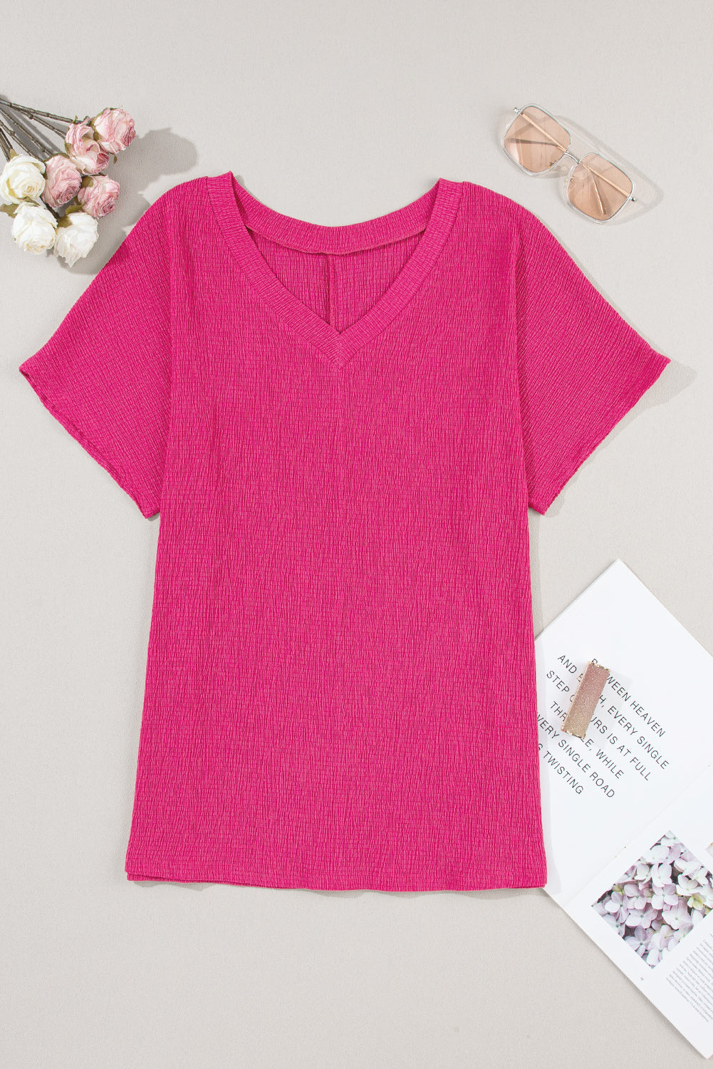 Blue Plain Crinkled V Neck Flounce Sleeve T Shirt