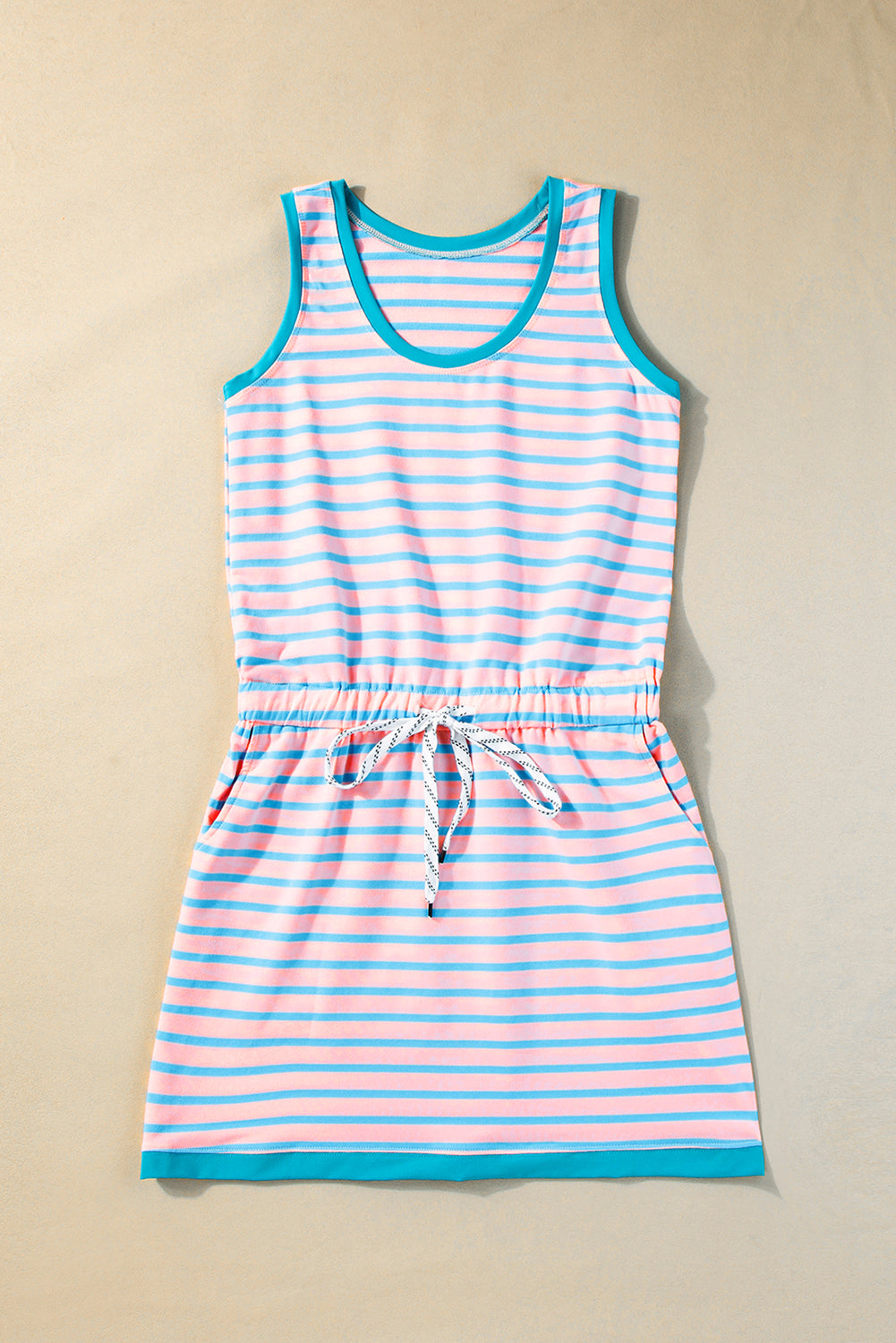 Pink Stripe Contrast Trim Pocket Drawstring Tank Dress